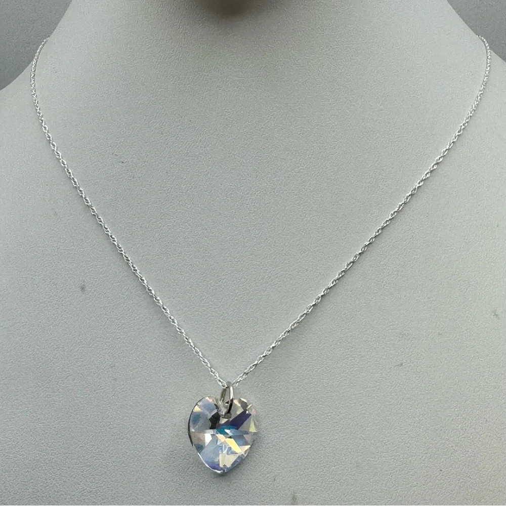 Sterling Silver Swarovski Crystal Heart Pendant Necklace 18” Spring Clasp